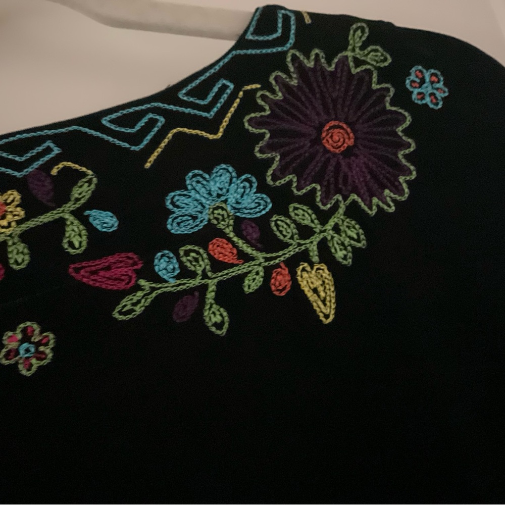 Black 3/4 sleeve top with embroidered neckline